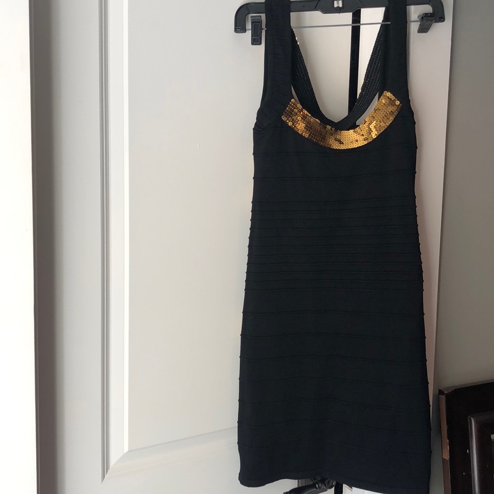 Romeo and Juliet couture gold sequin accent bodycon dress
